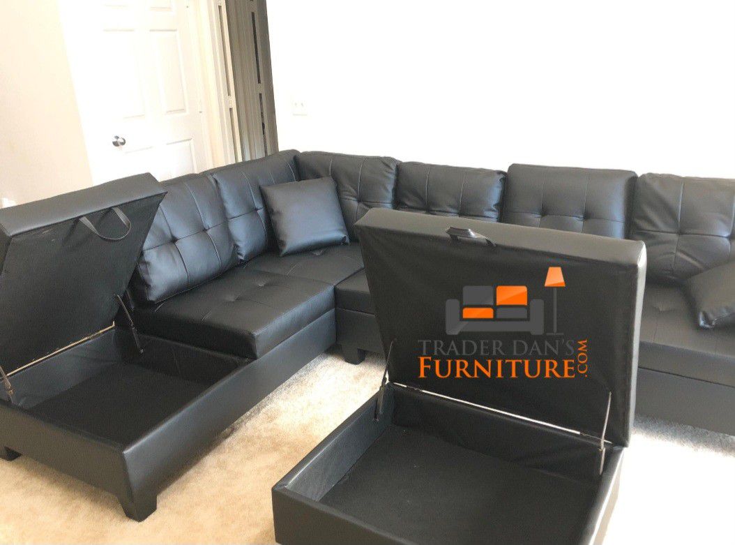 Brand New Black Faux Leather Sectional Sofa +Storage Ottoman (New In Box) 
