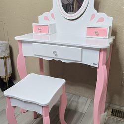 Kids Vanity Set, Princess MDF Makeup Dressing Table with 360° Rotating Mirror and Drawers for Girls, White

