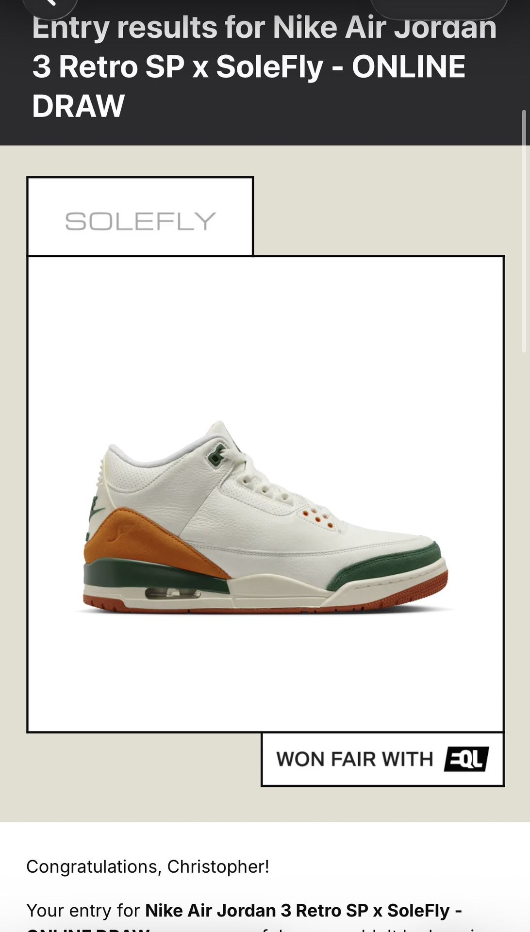 Air Jordan 3 Retro SP X Solefly Size 11.5