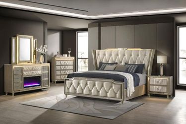 Ivory upholstered bedroom set features tufted wingback & led light