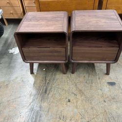 100% Solid Wood Nightstand, Walnut Night Stand with Drawer and Open Shelf, Mid Century Nightstand set of 2