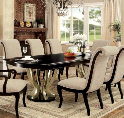 9 Piece Espresso And Beige Dining Table