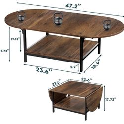 Folding Coffee Table for Living Room, Small Coffee Tables with 2-Tier Storage, Mid Century Modern Center Table for Small Space, Farmhouse Table Square