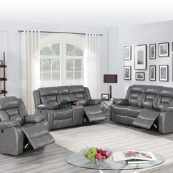 Gray Sofa Set With Power Recliner And Console 