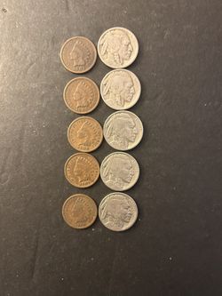Coins - 5 Different Dates Buffalo Nickels and  5 Different Date Indian Pennies- Total 10 Coins