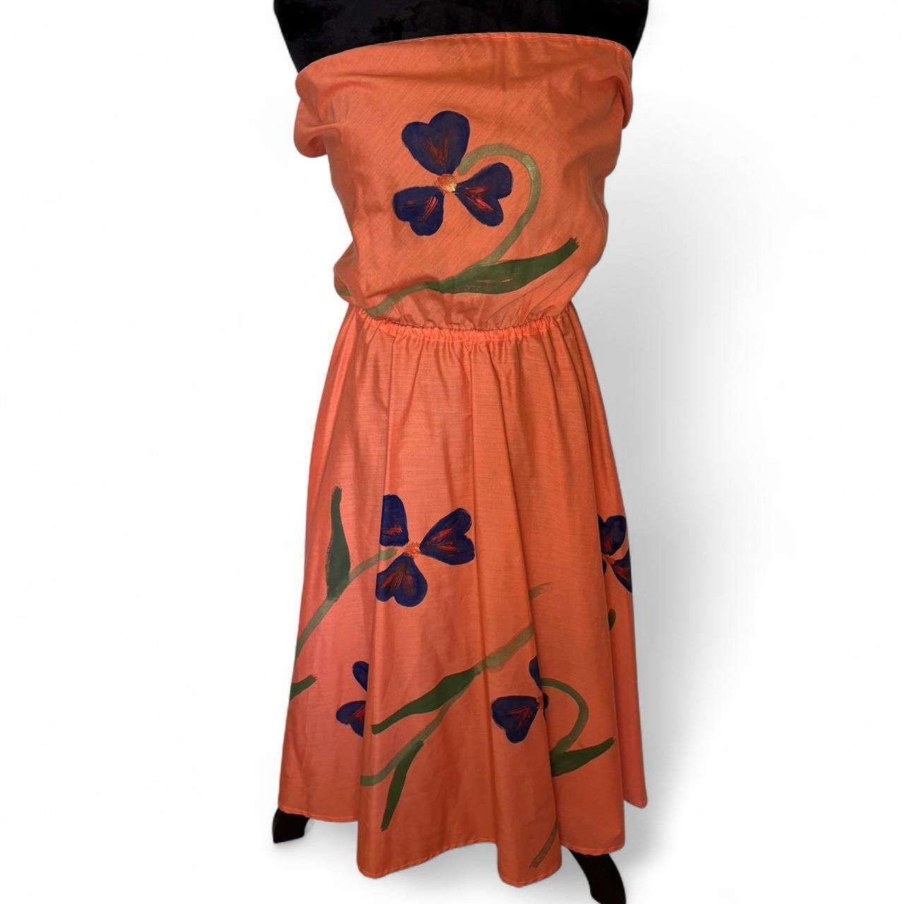 Vintage Handmade Orange Tie in Back Dress with Painted Purple Floral Design