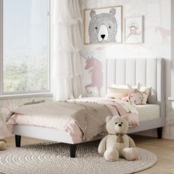 Twin Bed Frame, Upholstered Bed Frame with Velvet Vertical Channel Tufted Headboard, White