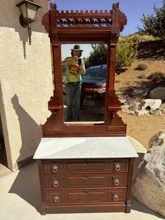 Victorian Antique Dresser with Ornate Mirror and Marble Top"