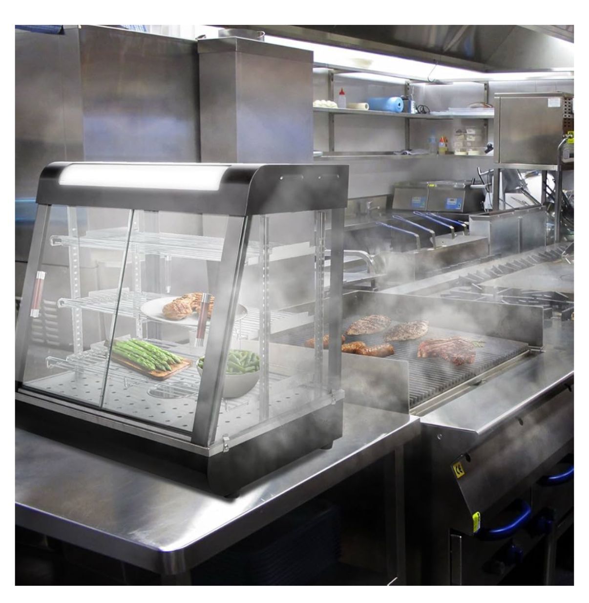 Barton Commercial 3-Tier Food Warmer w/27" Display Case 1200W Electric Buffet Restaurant Countertop Pizza Hot Dog 31