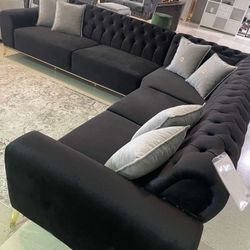 Black Velvet Upholstered Chesterfield Sectional Couch ⭐$39 Down Payment with Financing ⭐ 90 Days same as cash