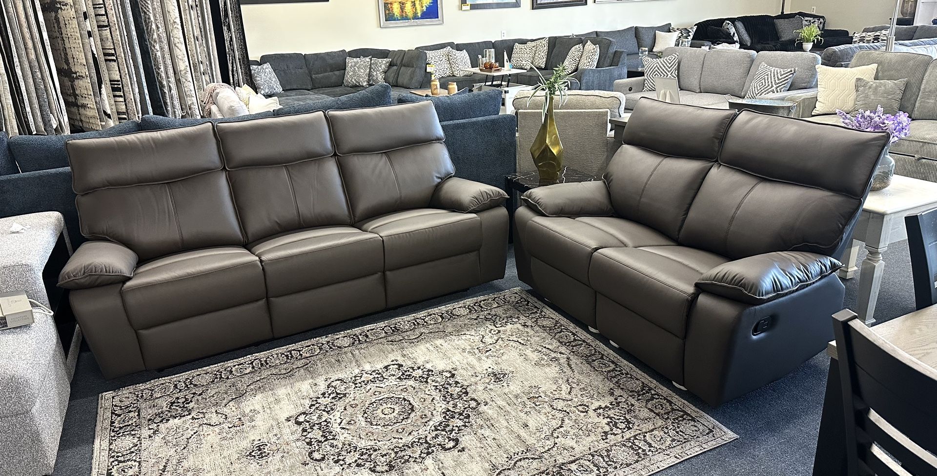 Brown Match Leather Sofa And Loveseat Manual Recliner
