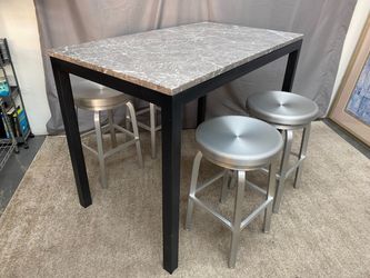Marble Patterned Counter Table w/ 4 Stainless Steel Swivel Stools