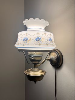 Vintage Floral Milk Glass Hurricane Wall Sconce Lamp with Antique Brass Finish