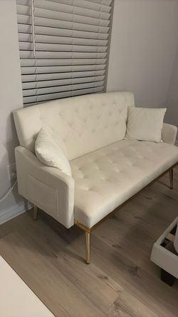White Tufted Loveseat with Gold Legs
