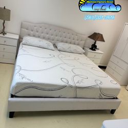 New King White Diamond Leather Bed Frame 