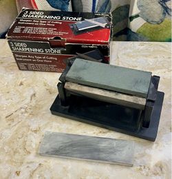 Vintage Harbor Freight 3-Sided Sharpening Stone (Item 94396). It is a rotating benchtop hone system designed to sharpen any edge tools