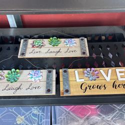 (3) NWT Wooden Signs With Succulent Flowers Wall Decor