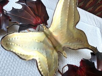 Vtg Brutalist Handcrafted Copper Brass Fall Maple Leaves Butterfly Wall Art Approx 12" x 6”
