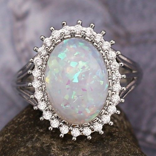 "Luxury Super Large Oval Sun Flower Gemstone Fire Opal Silver Ring, VIP312