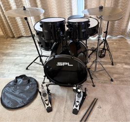 SPL complete 5 piece drum set 22” bass fusion size toms new double pedal new quiet cymbals stands throne silentstroke mesh heads $450 cash in Upland 9