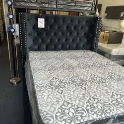 Queen Size High Headboard Bed Dark Grey 
