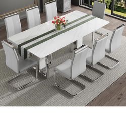 Modern White Marble Dining Table with 8 Light Grey Chairs 