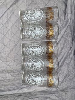 Vintage Federal Glasses 5 Drinking Glasses White Flower Cameo W/Gold Flowers 6"