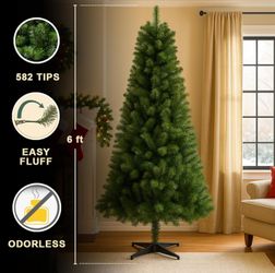 6ft Hinged Artificial Christmas Tree, 582 Branch Tips Full & Realistic Holiday Tree, Green PVC Christmas Tree with Sturdy Plastic Stand for Indoor Hom
