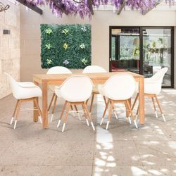 BRAND NEW FREE SHIPPING 7 Piece Rectangular Teak 100% FSC Certified Wood Table With White Chairs Outdoor Furniture Dining Set