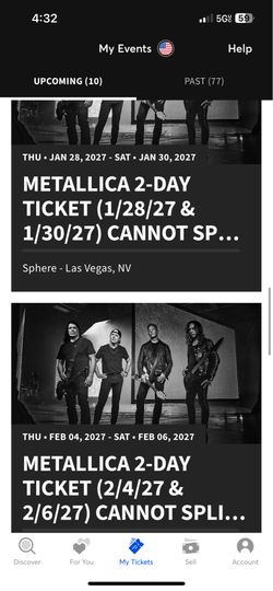 Metallica Las Vegas Sphere Weekend Tickets 2027 Dates (2-4 Seats)