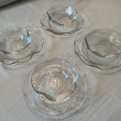 Set of FOUR Crate & Barrel glass plate (8in) and bowls (5in)