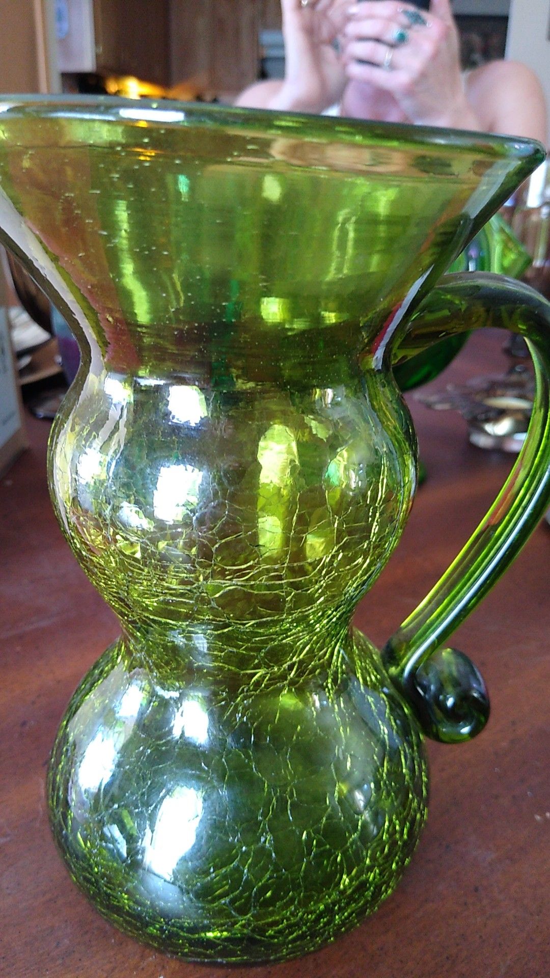 Green crackle glass pitcher