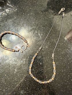 Two-Tone 925 Sterling with 14k gold Beaded Necklace and Bracelet Set