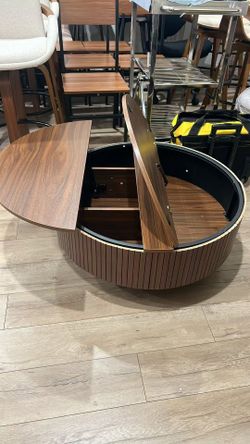 33" Round Coffee Table with Lift-Top & Flip-Top Storage, Modern Accent Fluted Coffee Tables with Metal Frame, Wooden Circle Center Table