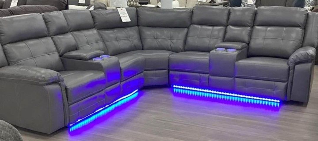 LED LIGHTS BRAND NEW LEATHER GREY RECLINING SECTIONAL SAME DAY DELIVERY 