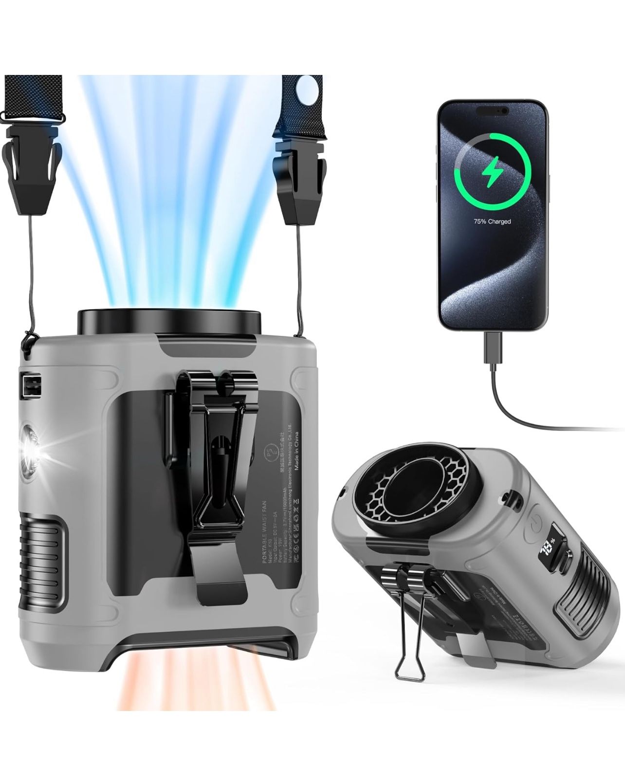 10000mAh Portable Waist Fan Clip On Belt, Max 40H Cooling, 5 Speeds 16000RPM, Rechargeable Hands-free Personal Wearable Neck Fan With Dual Clip & Flas