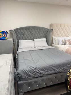Gray Velvet Tufted Sleigh Bed Frame