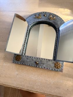 Vintage Mexican Hojalata Punched Tin Triptych Mirror With Brass Doves