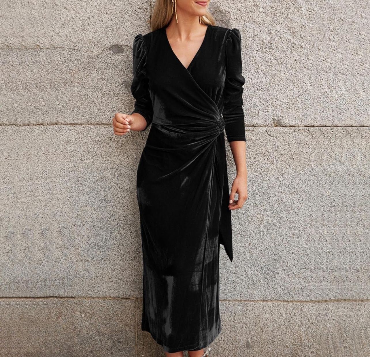 Velvet Cocktail Dress for Women Elegant V Neck Long Sleeve Cocktail Party Club D