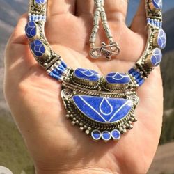 Vintage Style Handcrafted Ethnic Tribal Theme Necklace Inlay Lapis Stone Set In Silver 18”in & 130 grams