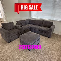 4-Piece Sectional Set W/ Ottoman Reversible Loveseat + Reversible Loveseat W/USB Console & Cup Holders + Corner Wedge + Cocktail Ottoman 💢