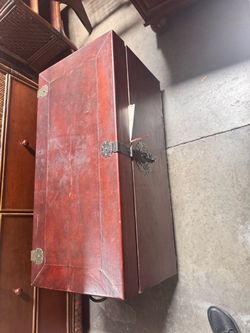 Vintage Red Lacquer Wooden Box with Metal Hardware