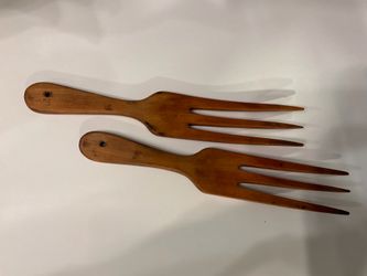 Vintage Czechoslovakia Wooden Salad Serving Fork Set Hand Carved Mid Century