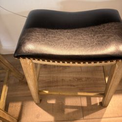 3 Bar Stools - Dark Leather & Wood