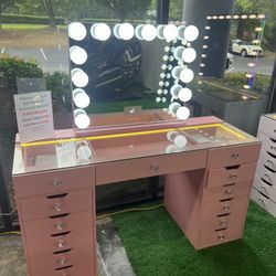 Makeup Vanity Pink and LED Mirror with Bluetooth Speaker 