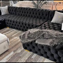 LH 👉$39 Down Payment  For Financing 👉 Contemporary Luxury Black Tufted Velvet Upholstered Oversized Sectional Couch With Double Chaise