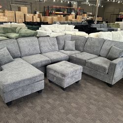 Large Slate Gray Sectional W/ Ottoman 