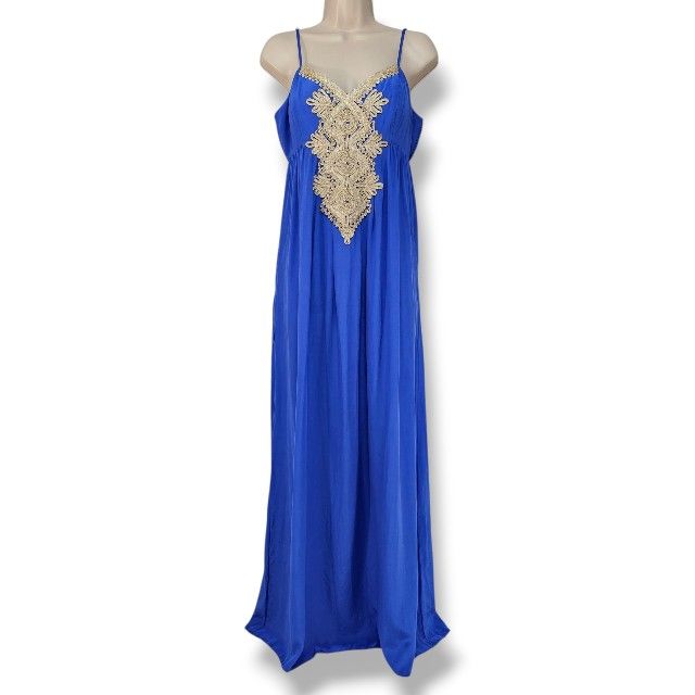 Lilly Pulitzer Kelsea Blue Silk Gold Embroidery Goddess Maxi Dress Size 8