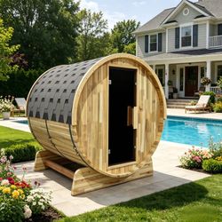 2-4 Person Outdoor Backyard Barrel Sauna with Harvia 6KW Heater, Tempered Glass Door, Japanese Cedar Wood, Asphalt Shingle Roof, 67" Interior Length