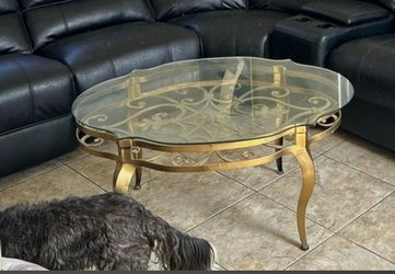 Vintage Glass Top Coffee Table Gold Metal Base